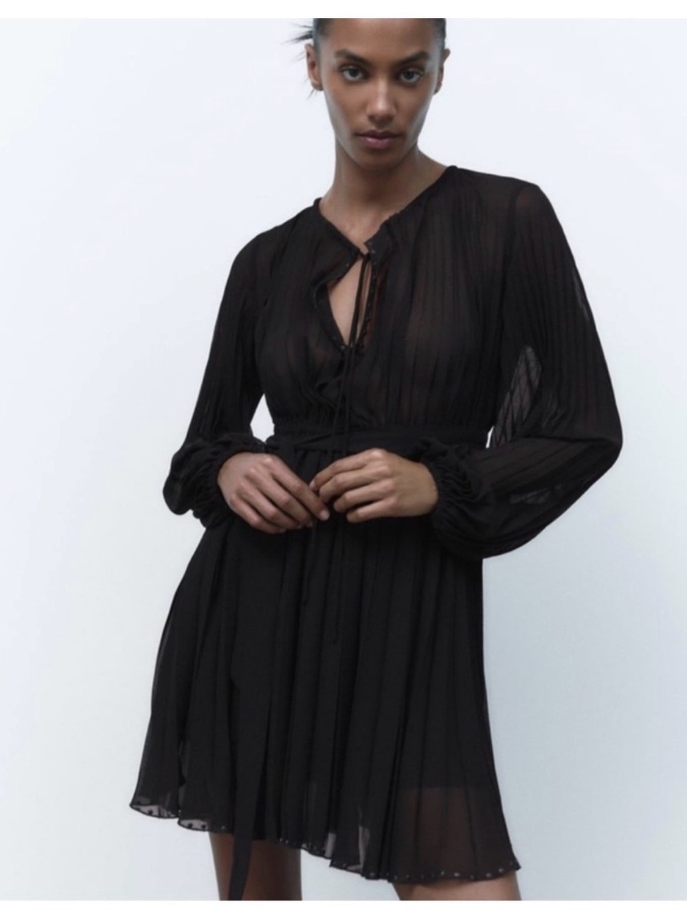 Black Pleated Zara Long-Sleeve Pleated Mini Dress